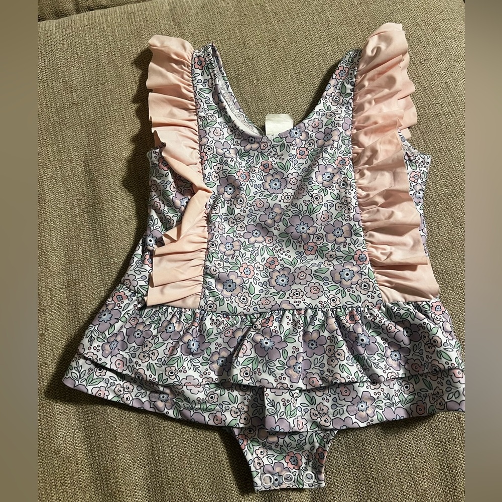 Stitchy Fish Floral Swim One Piece with Pink Ruffles